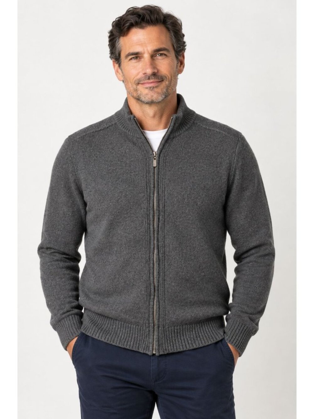 Oscar de la Renta Mens XL Full Zip Sweater Gray Cotton Blend Mock Neck Fall 2011